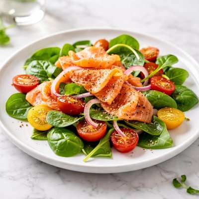 Smoked salmon with spinach and cherry tomatoes