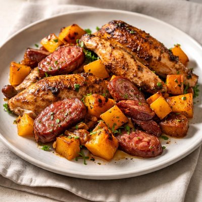 Smoked sausage and rotissery chicken with butternut squash