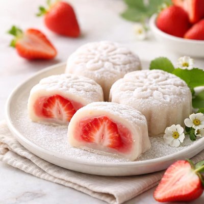 Snowy strawberry moon cake