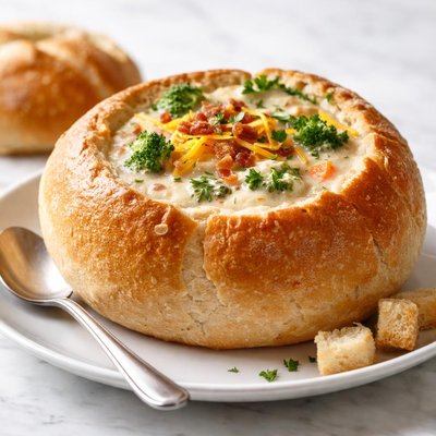 Soup in bread bowl
