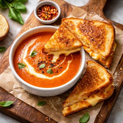 Zuppa di pomodoro e toast al formaggio