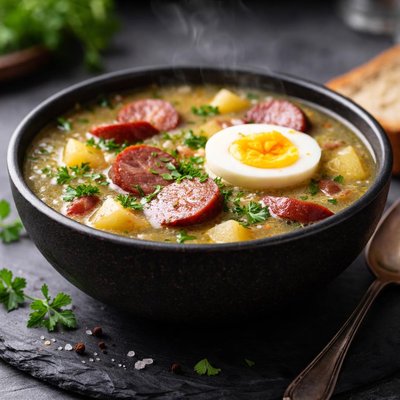 Soup with sausage and egg