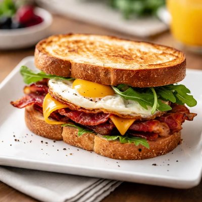 Sourdough breakfast sandwich with bacon dd