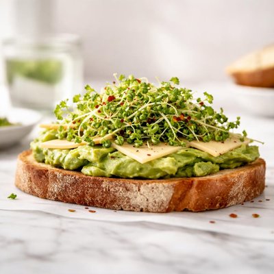 Sourdough toast with avacado and broccoli sprouts and pepperjack cheese