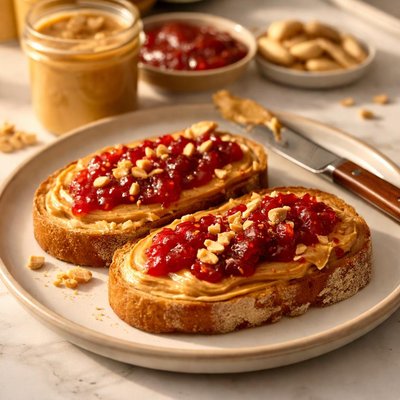 Sourdough toast with peanut butter and jam