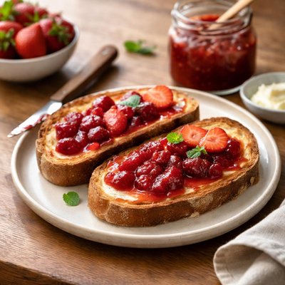 Sourdough toast with strawberry preserves