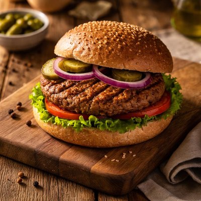 Soy frozen burger patty on whole wheat bun