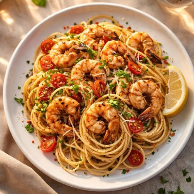 Spaghetti and prawns