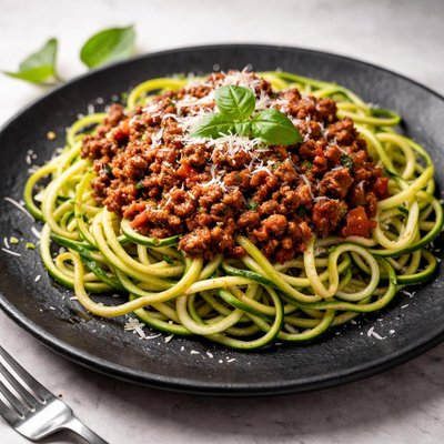 Spaghetti beef bolognese with zucchini pasta