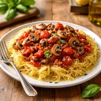 Spaghetti squash with tomato mushroom sauce
