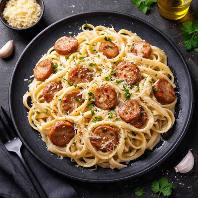 白汁意大利面配意大利香肠