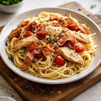 Spaghetti with chicken and prosciutto