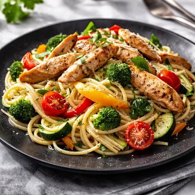 Spaghetti with chicken and vegetables