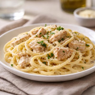 Spaghetti with chicken in a creamy sauce