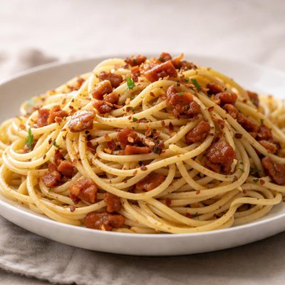 Spaghetti with garlic and butter and bacon