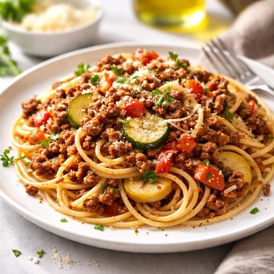 Espaguetis con carne molida y verduras