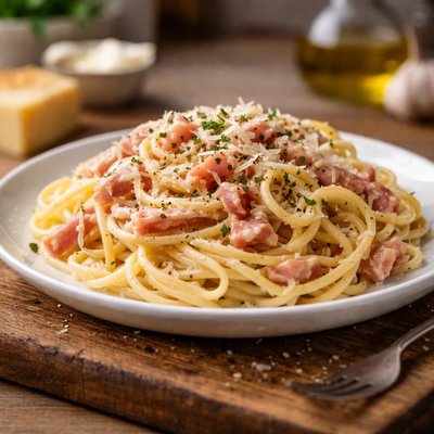 Spaghetti with ham and cream sauce