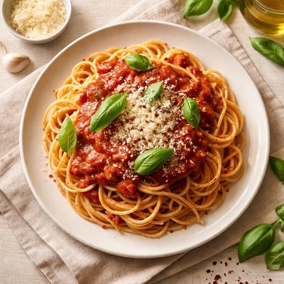 Spaghetti with marinara sauce and cheese
