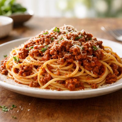 Spaghetti with meat sauce and parmesan