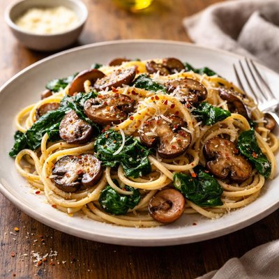 Spaghetti with mushrooms and spinach