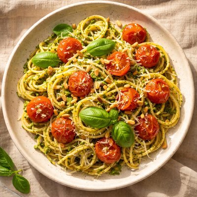Spaghetti with pesto and cherry tomatoes