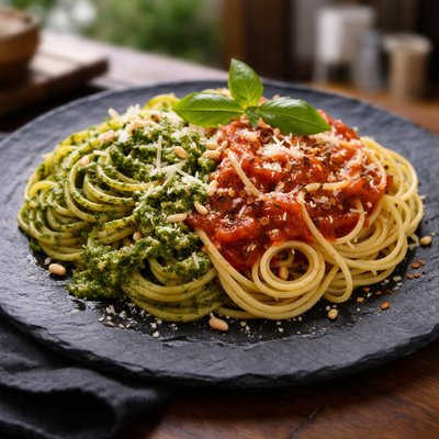 青酱和番茄酱意大利面