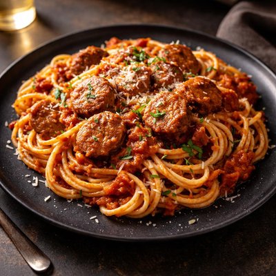 Spaghetti with sausage in tomato sauce