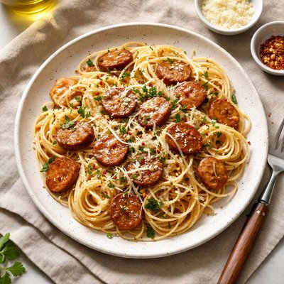 Spaghetti with sausages and cheese