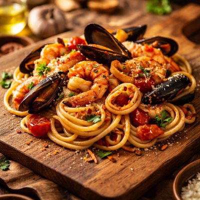 Spaghetti with seafood in a tomato sauce