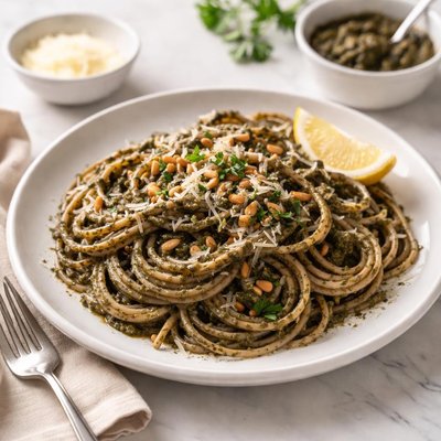 Spaghetti with sepia pesto