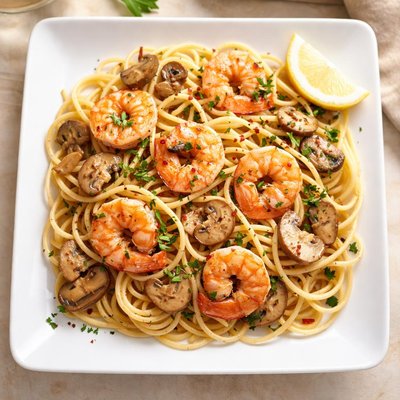 Spaghetti with shrimp and mushrooms