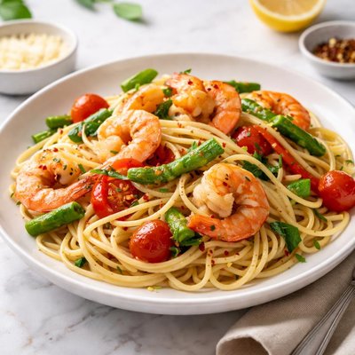 Spaghetti with shrimp and vegetables