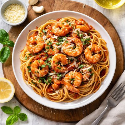 Spaghetti with shrimp in tomato sauce