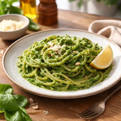 Spaghetti with spinach sauce