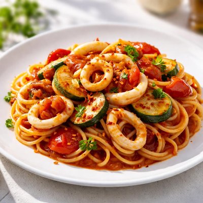 番茄酱墨鱼蔬菜意面