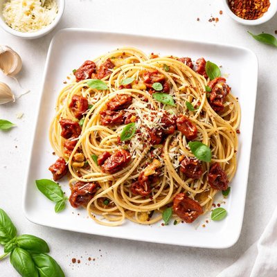 Spaghetti with sun-dried tomatoes