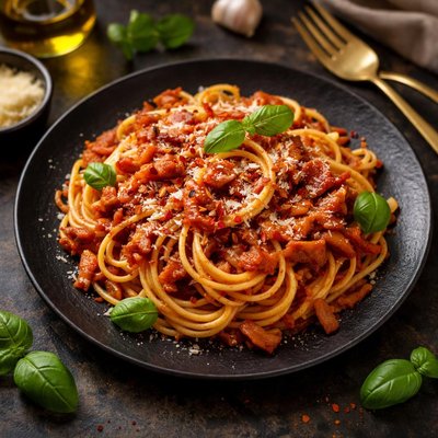 Spaghetti with tomato sauce and bacon