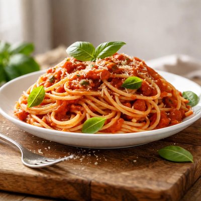 Spaghetti with tomato sauce and basil