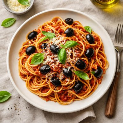 意大利面条配番茄酱和黑橄榄