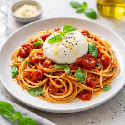 Spaghetti with tomato sauce and burrata