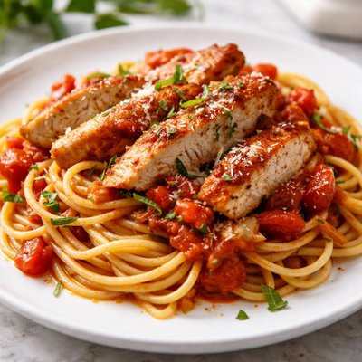 Espaguetis con salsa de tomate y pollo