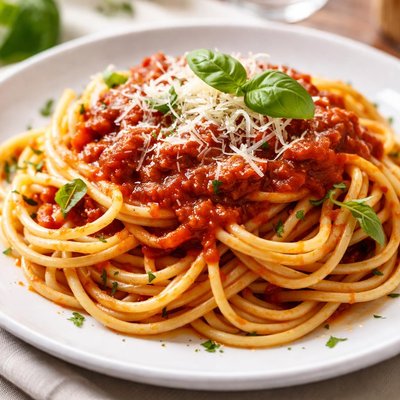 Espaguetis con salsa de tomate y queso rallado