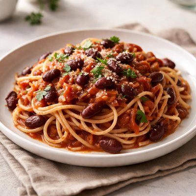 Spaghetti with tomato sauce and kidney beans