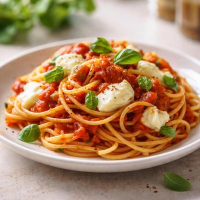Spaghetti with tomato sauce and mozzarella