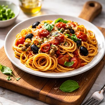 Spaghetti with tomato sauce and olives