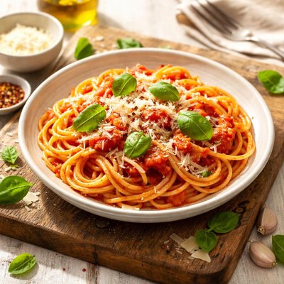 Spaghetti with tomato sauce and parmesan