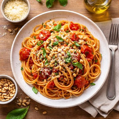 Spaghetti with tomato sauce and pine nuts