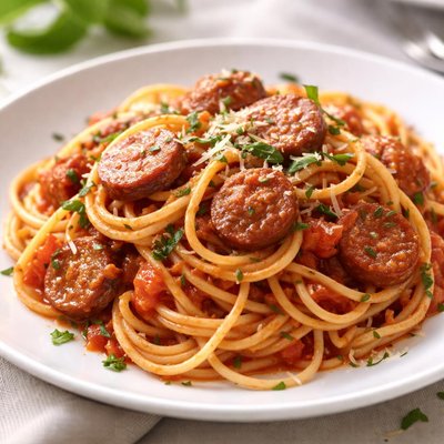 Spaghetti with tomato sauce and sausage