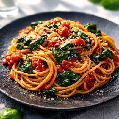 Spaghetti with tomato sauce and spinach