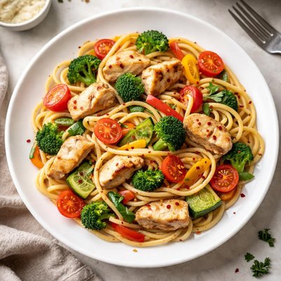 Spaghetti with vegetables and chicken